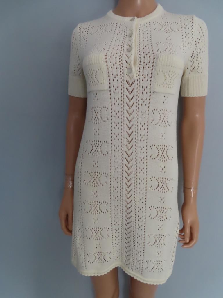 CELINE Ecru Cotton Open Pointelle/Triomphe Knit Dress Size S