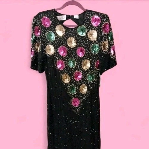 Vtg Laurence Kazar Beaded Sequin Cocktail Dress Size L Black Christmas NWT