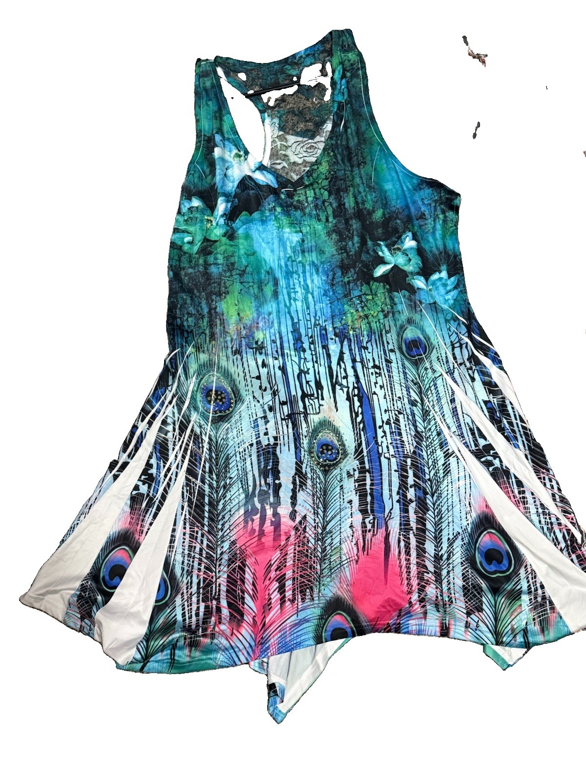 Women’s One Size Peacock Graphic Print Swing Dress, Rhinestone, Stretch, Knee