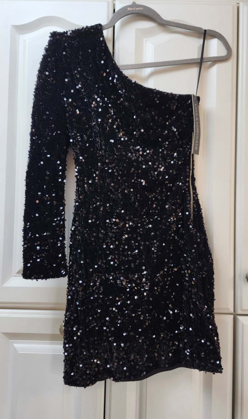 Love & Lemonade Black Sequin One Shoulder Long Sleeve Bodycon Mini Dress M