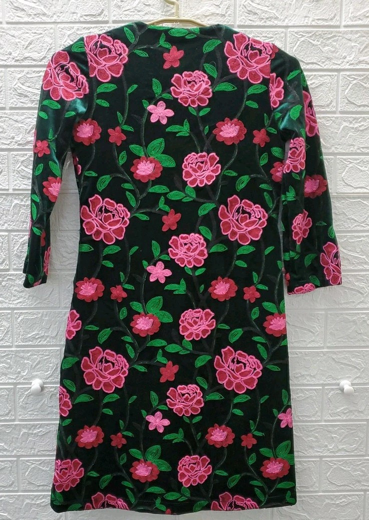 New Lesley Evers Daphine Embroidered Velvet V Neck Dress Multicolor Size Small