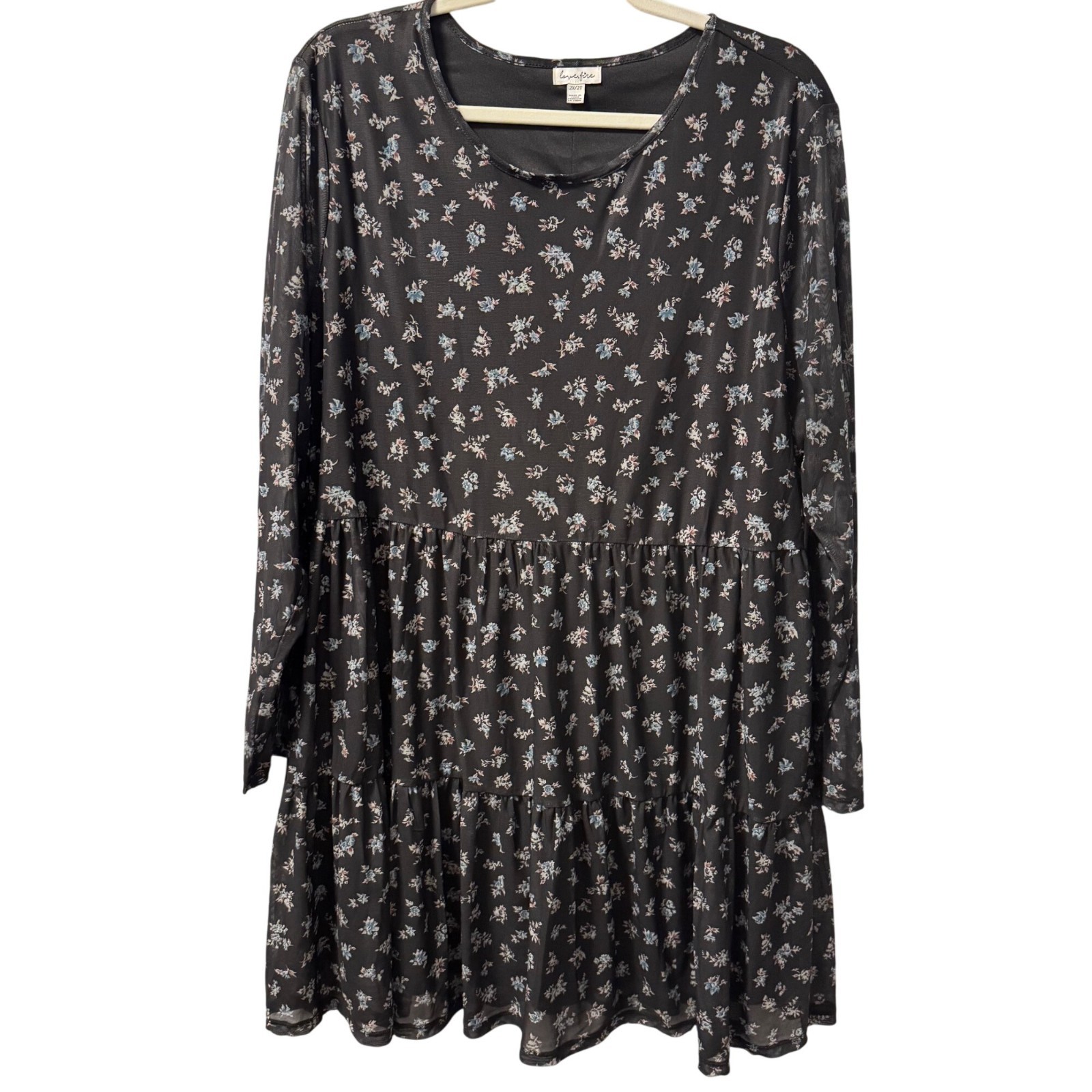 Love Fire Womens Floral Tiered Long Sleeve Dress Sz 2X Black/White Polyester Ble