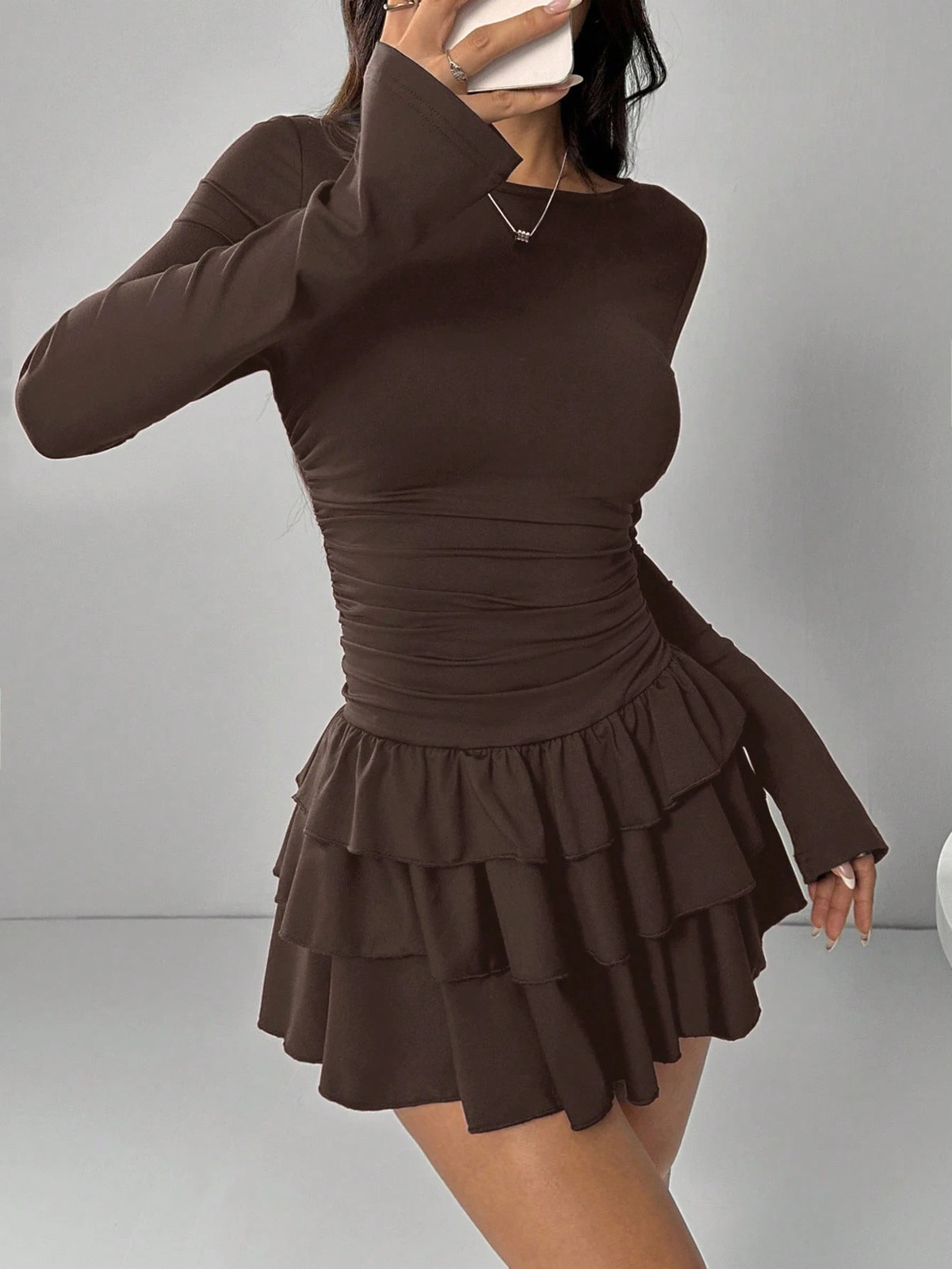 Ladies Elegant Coffee Brown Dress With Ruffle Hem And Long Sleeve