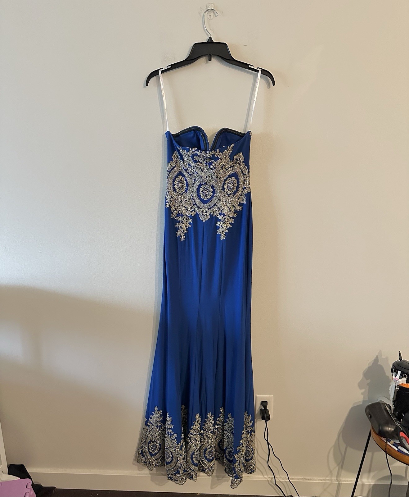 Dancing Queen Beaded Appliqué Prom Formal Gown Strapless Maxi S Blue