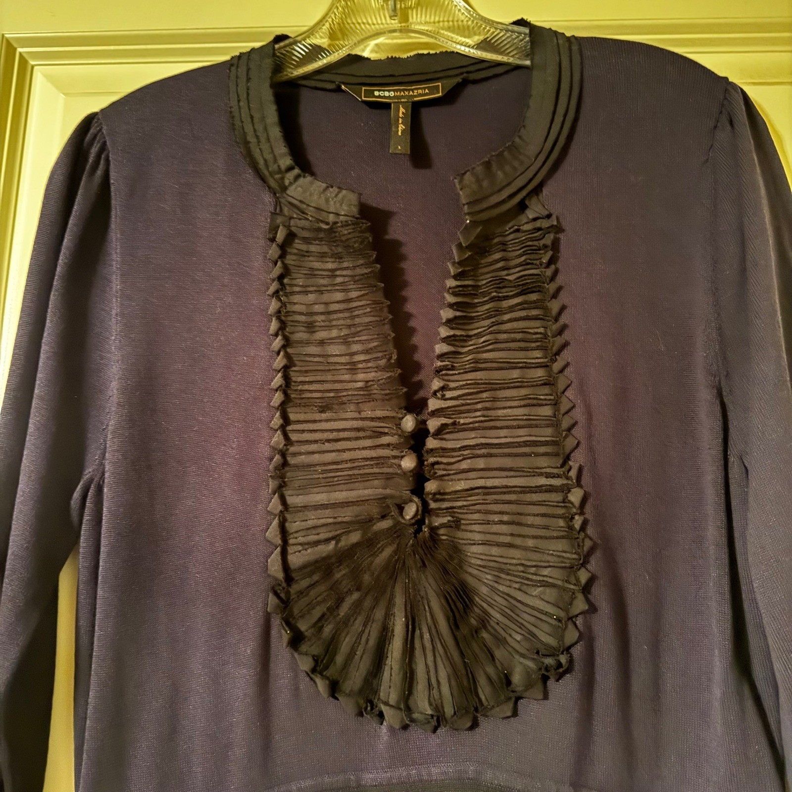 BCBGMAXAZRIA Navy Blue Black Silk Blend Ruffle Bib Knit Dress Large RN80734