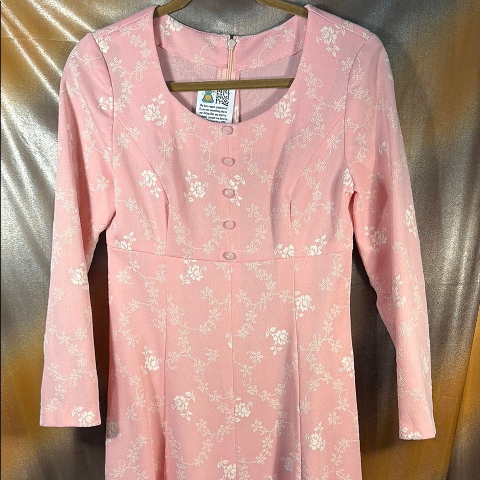 Vintage 70’s 33” chest Pink Floral Long‎ polyester Sleeve maxi Dress CC