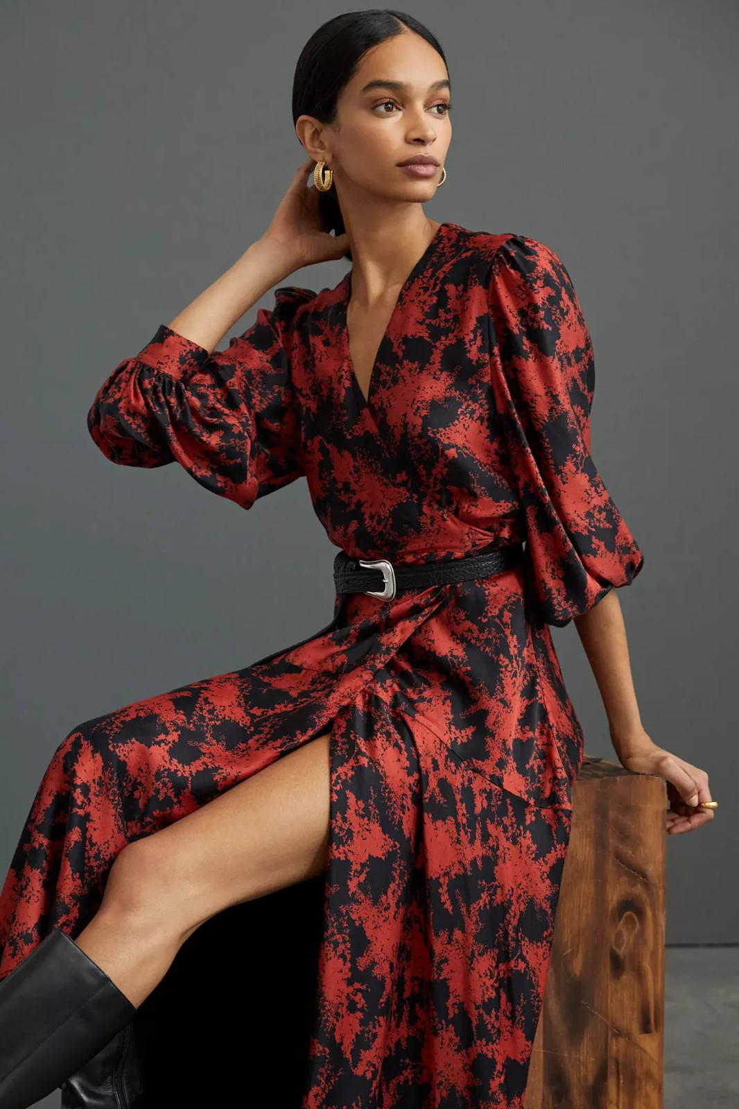 Anthropologie Caballero Abstract Wrap Midi Dress Size XSP XS Petite Red NWT