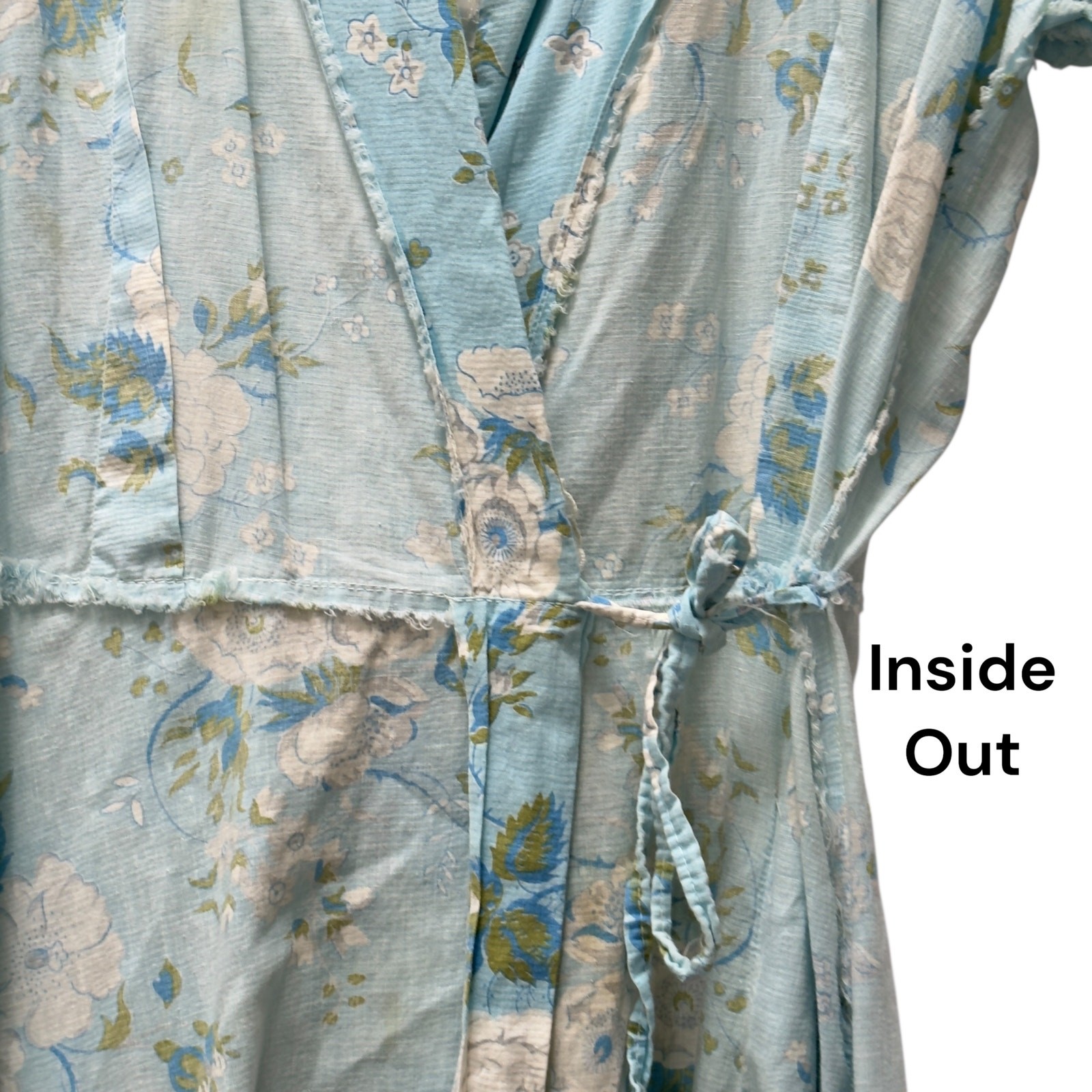 Vintage 1940s Blue Floral Seersucker Cotton House Dress Tie Waist Pockets Lace