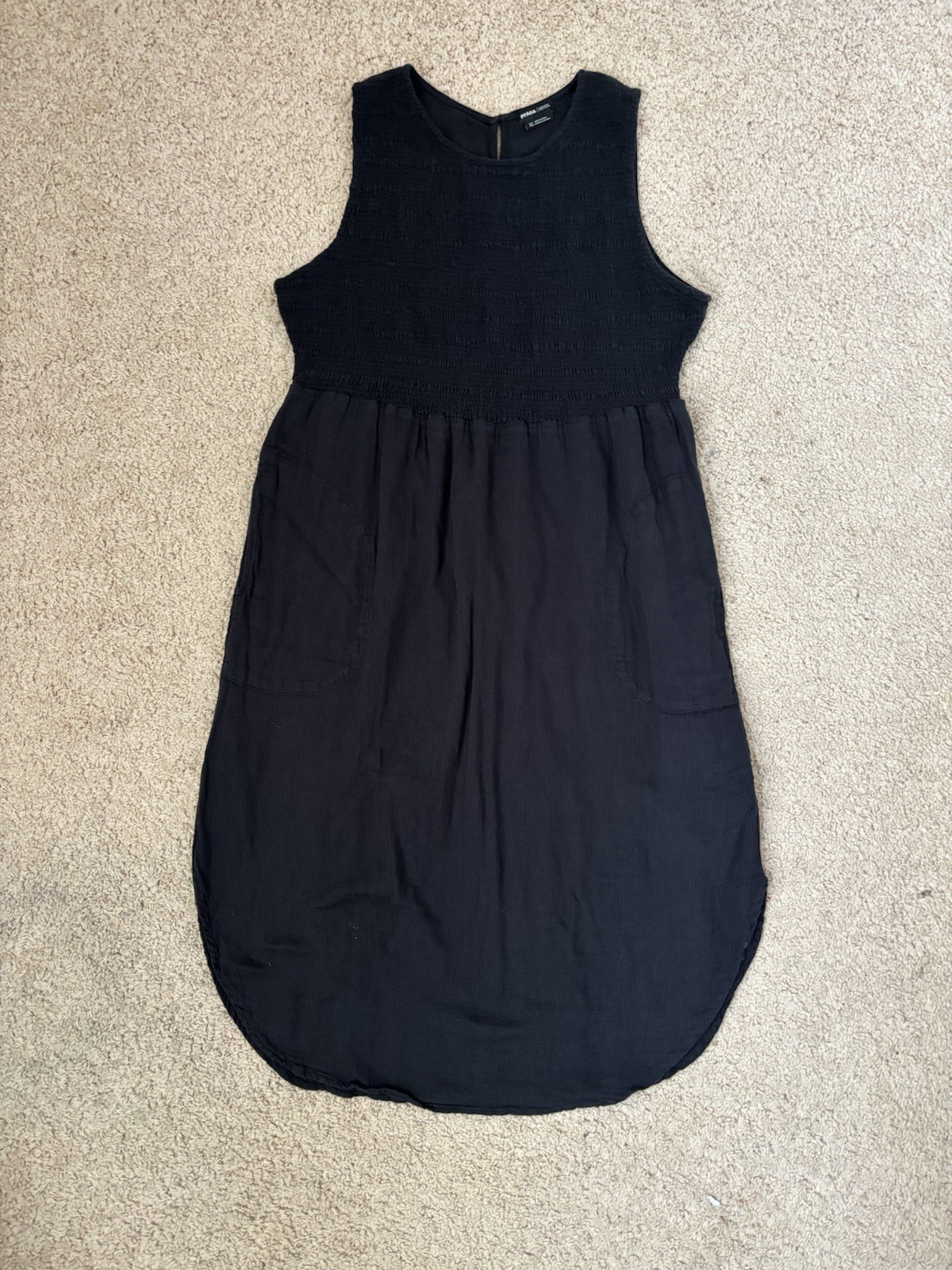 prAna Seakissed Dress XL Black Organic Cotton Smocked Sleeveless Midi Pockets