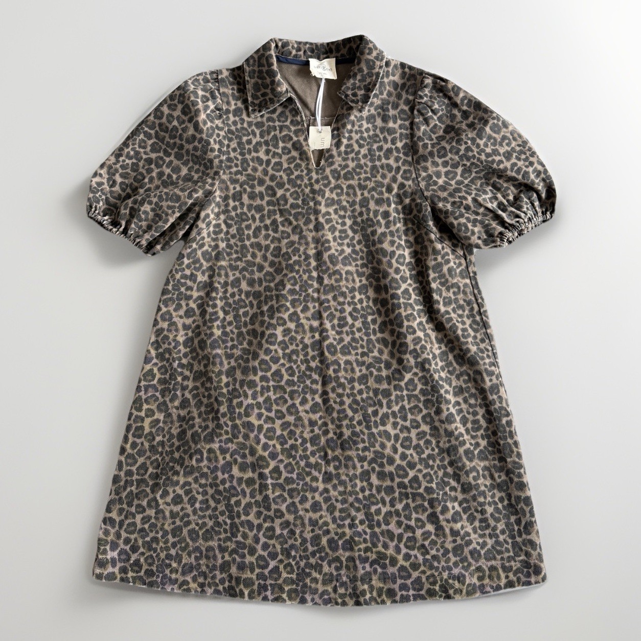 NWT Umgee Leopard Print Denim Dress Women L Puff Sleeve Pockets Canvas Lagenlook
