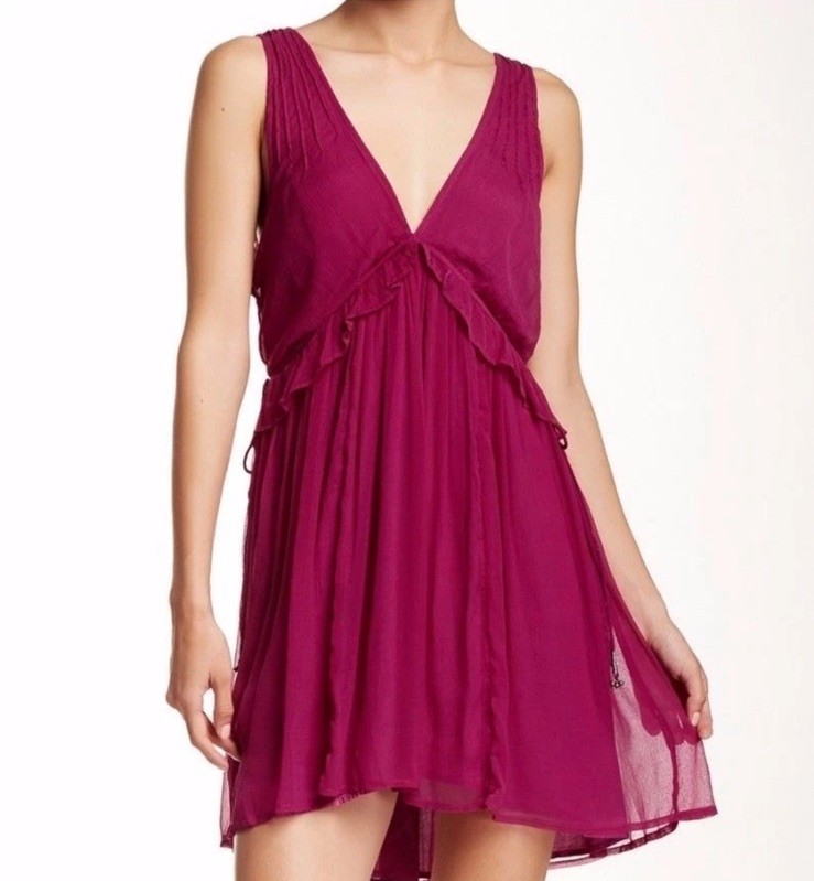 Free People Rio Grande Silk Dress L Mini Dahlia Pink Boho Chick Babydoll Fairy