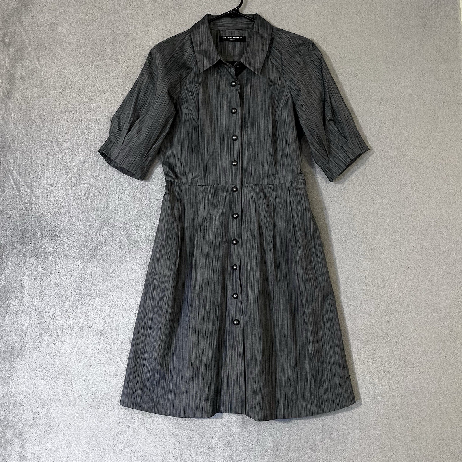 ELLEN TRACY Button Front Shirt Dress Gray Petite 8 Puff Sleeves Lined Classic