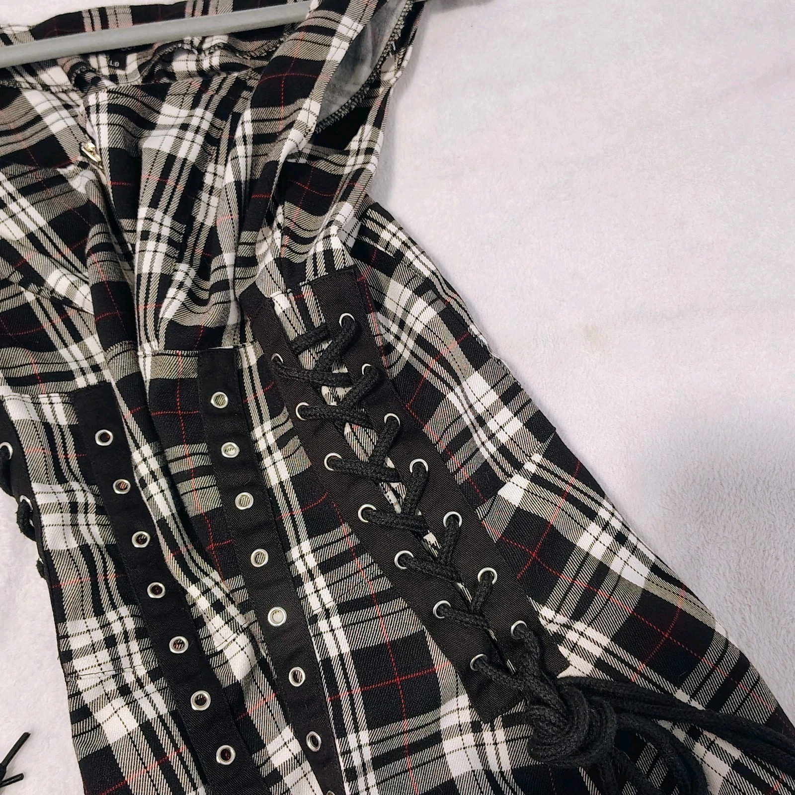 Hell Bunny Size Large Black White Plaid Corset Dress O-Rings Lace Up Sides Back