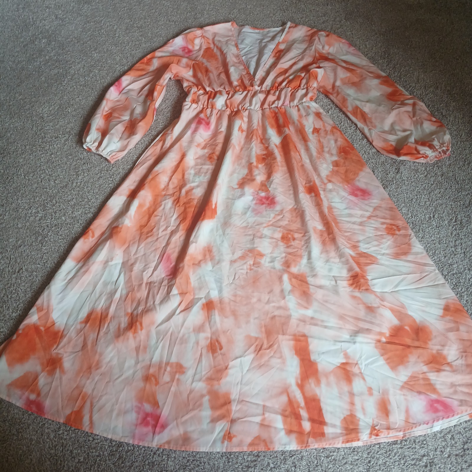 Unbranded Xl Orange/White Long Sleeve Long V Neck Dress Boho