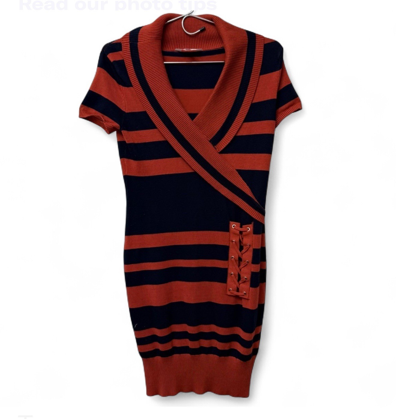 ORANGE BLACK STRIPED MINI SWEATER DRESS, SIZE S, CHEST 32 IN, LENGTH 33 IN