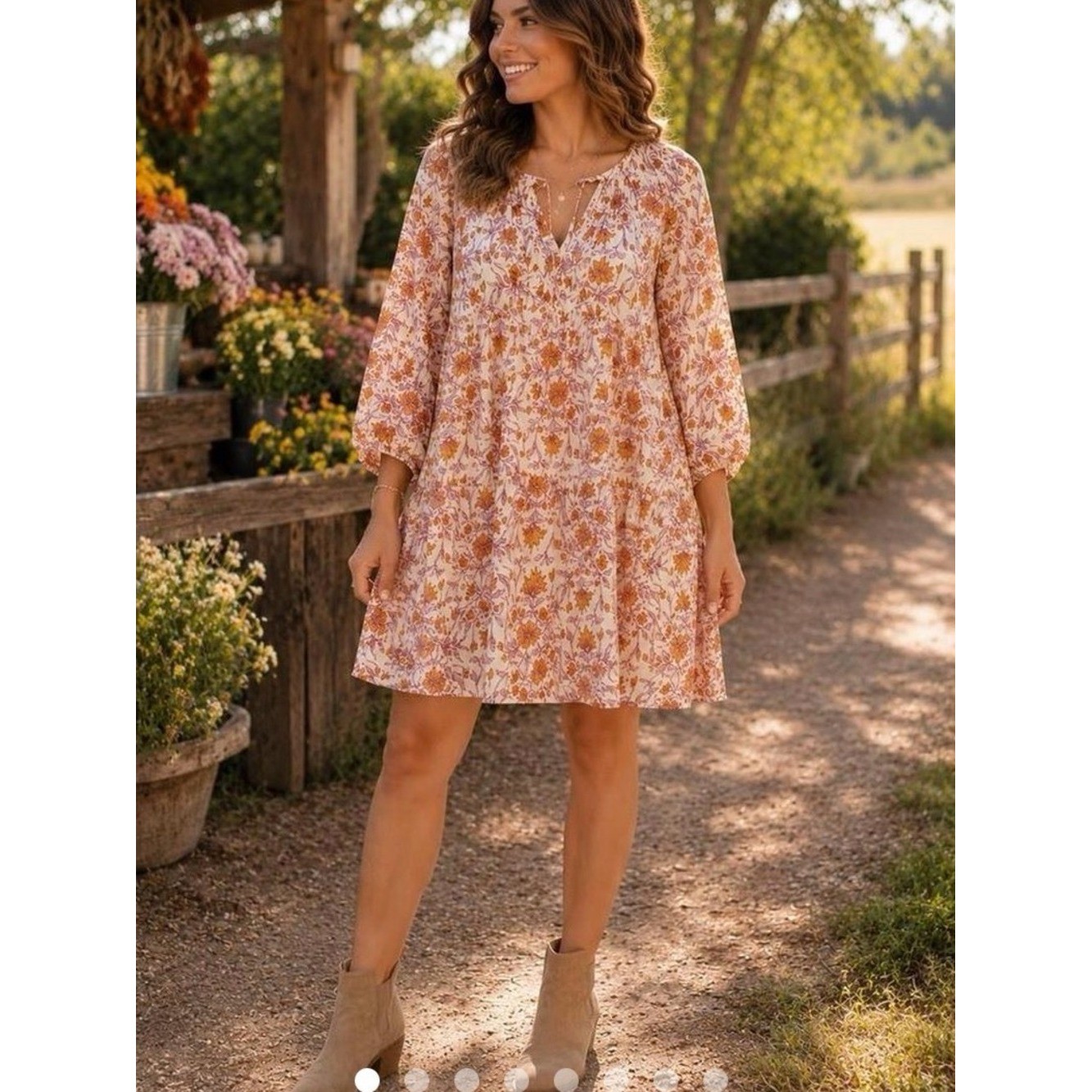 Floral Cotton Indian Block Print Fabric Mini Dress in Peach, Size XS-M