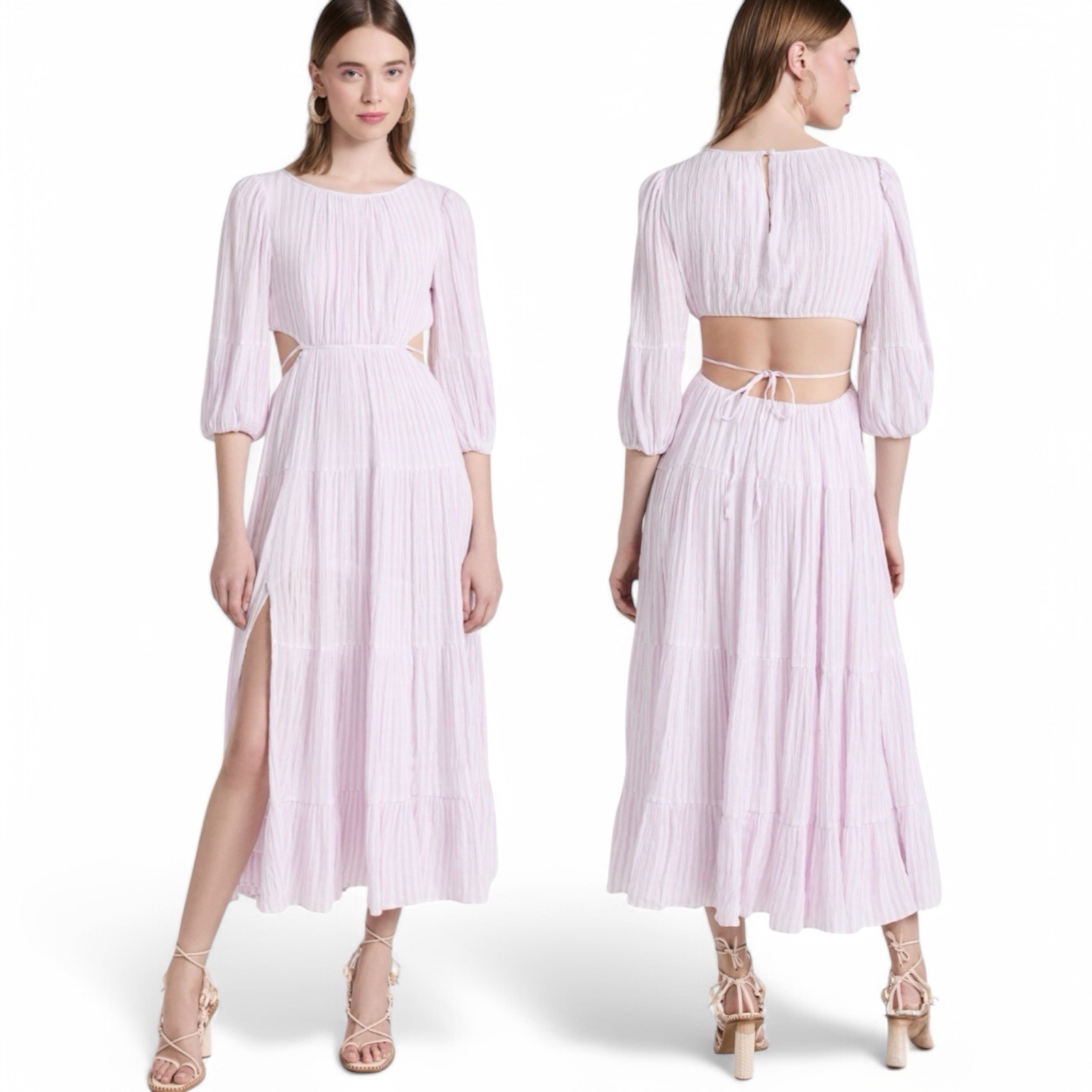 Cinq à Sept Seersucker Midi Dress Size 6 Lavender Ivory Smocked Elastic Waist