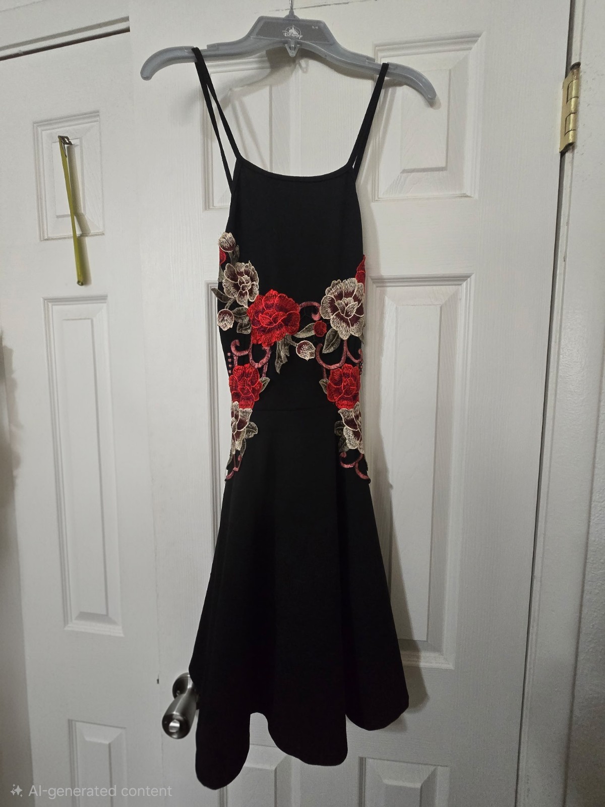 Whimsy Goth Black Embroidered Patch Floral Mini Dress Womens S Skater Fit Flare