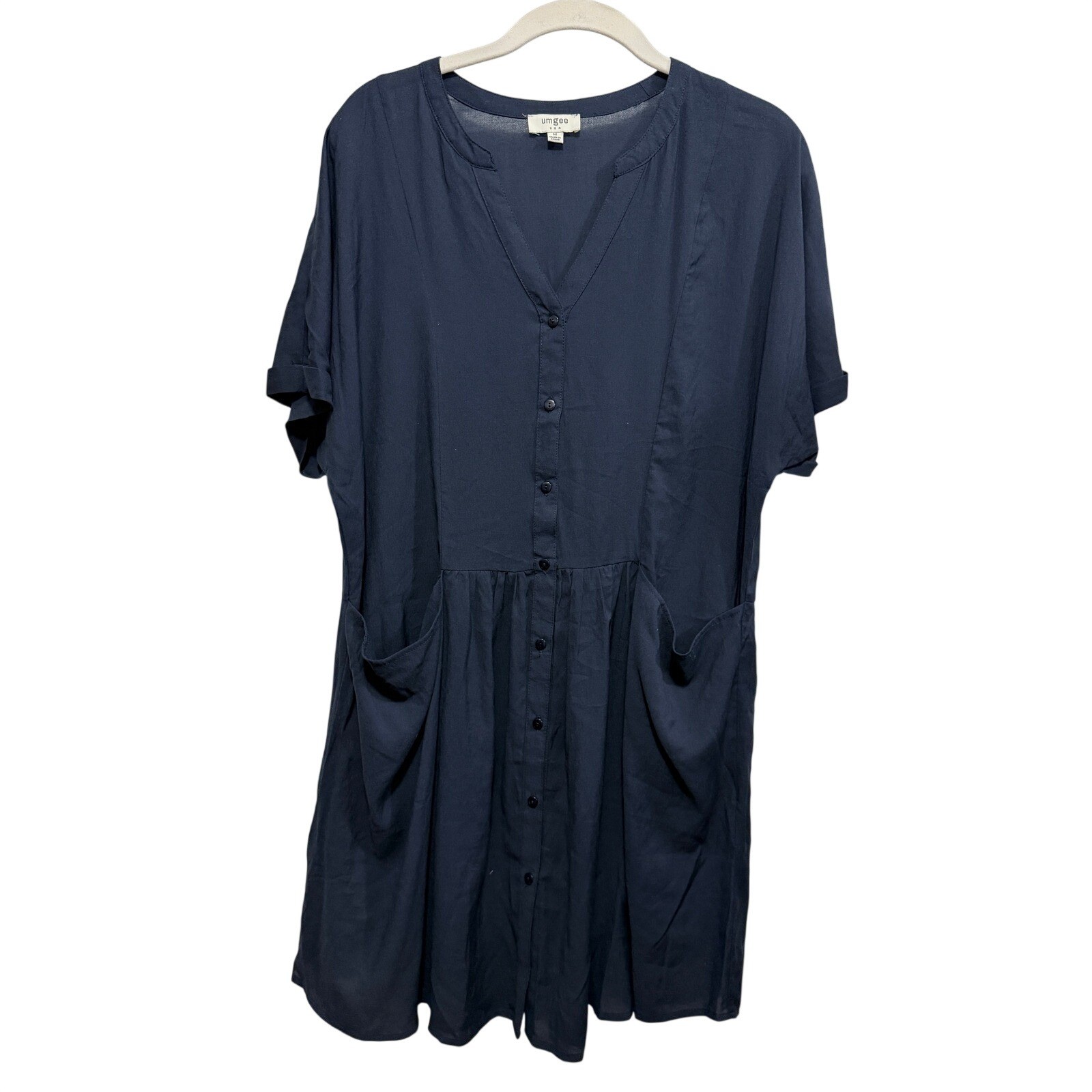 Umgee USA Navy Blue Button Front Babydoll Pocket Dress C3112 Womens Medium