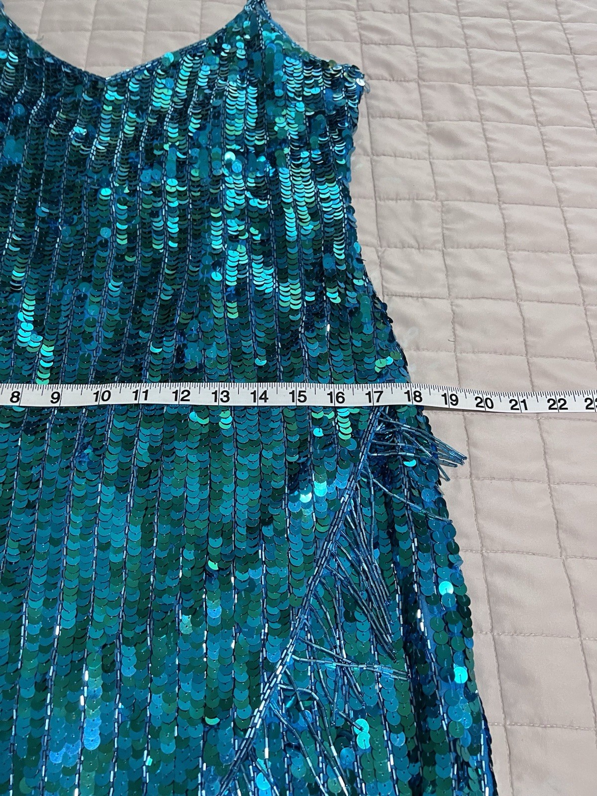 Vtg Silk Hand Beaded Sequin Fringe Cocktail Dress Teal Peacock Blue Y2K M