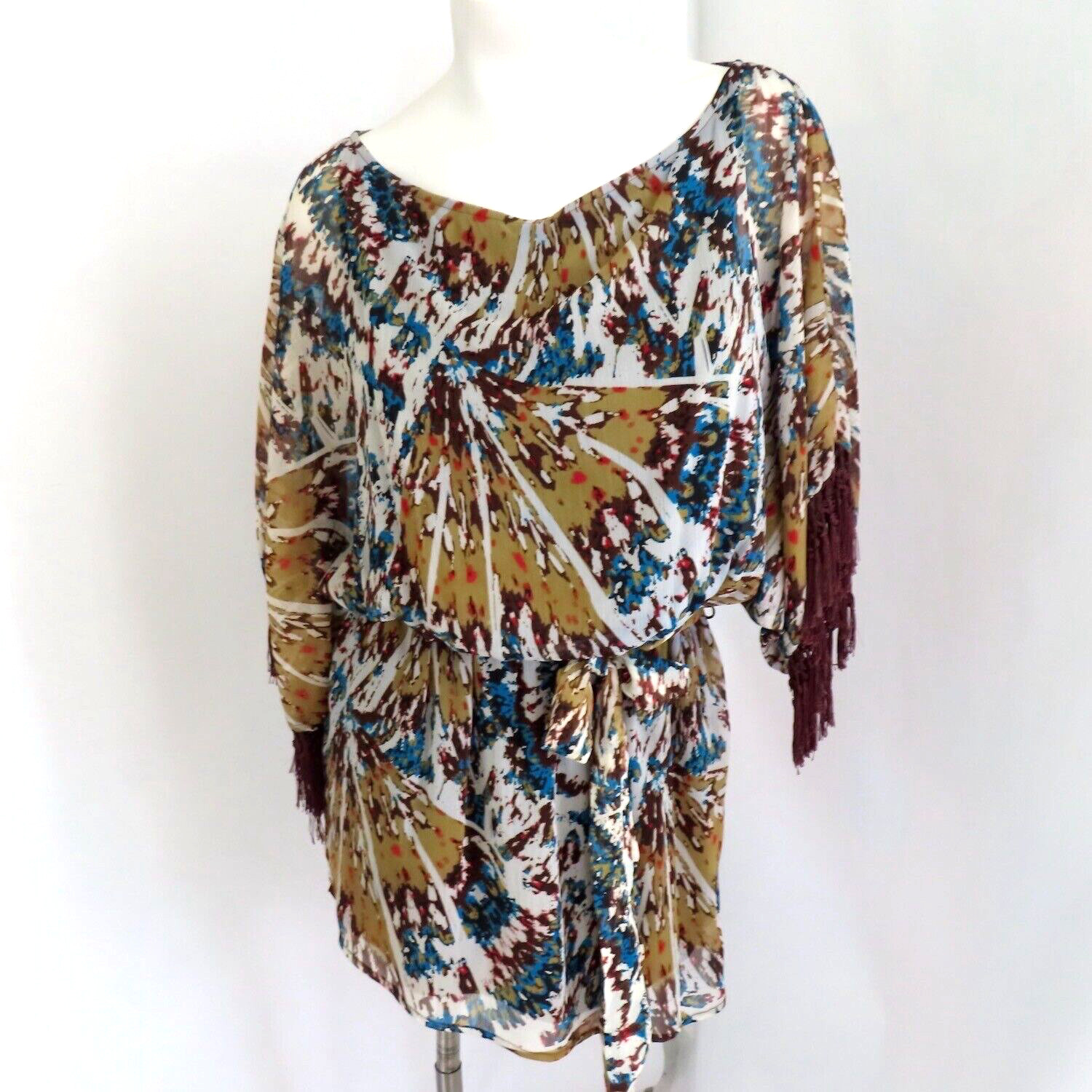 Harper Dress Women L Tan Blue Butterfly Print Fringe Boat Neck Dolman Boho Vaca