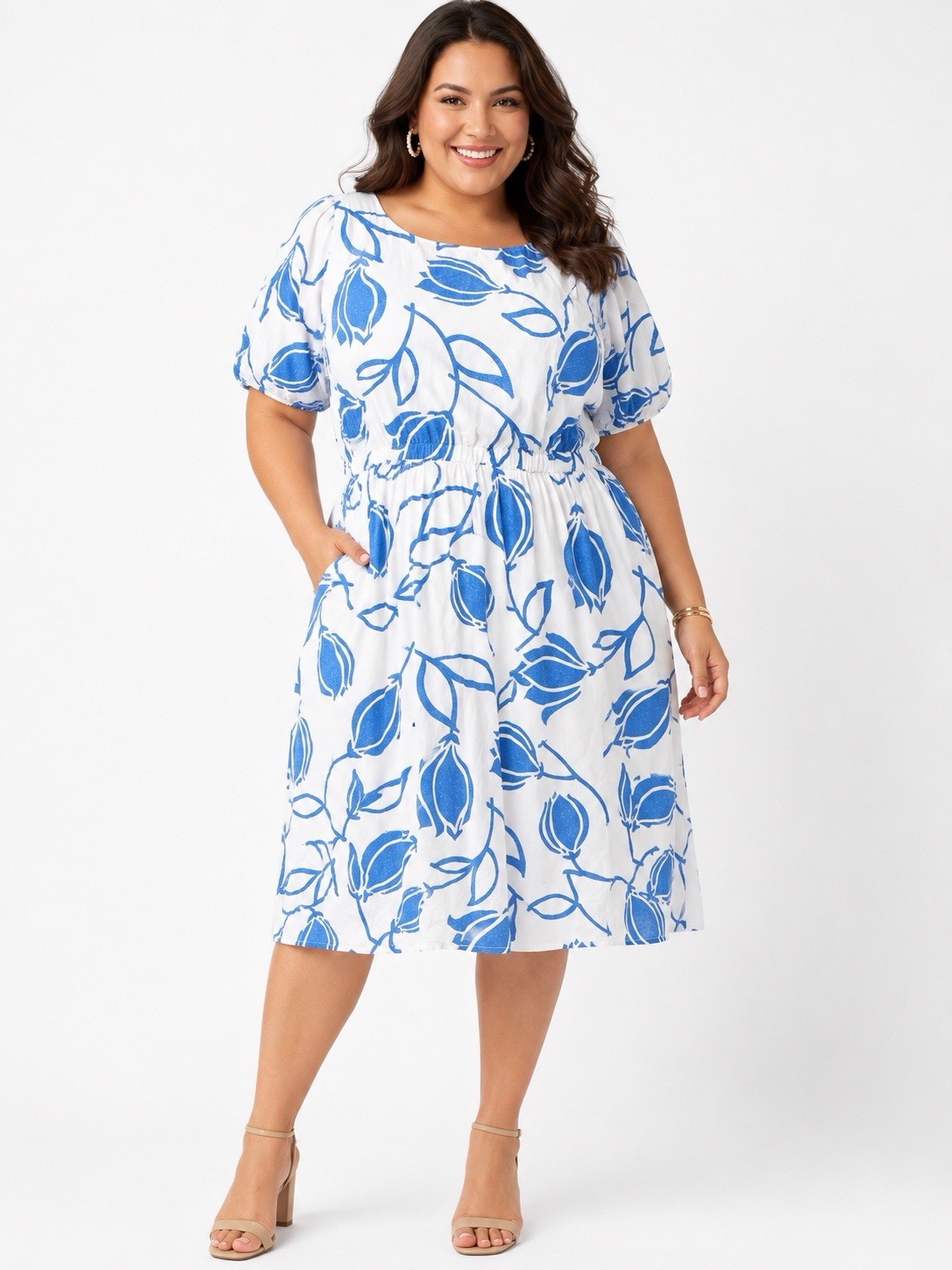 Lane Bryant Womens Plus Size 22 Blue White Floral Linen Fit Flare Dress Boatneck