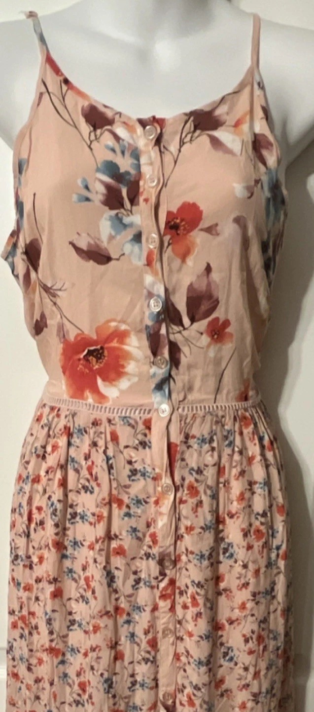 As U Wish Women Medium Peach Floral Sleeveless Button-Front Sundress Viscose