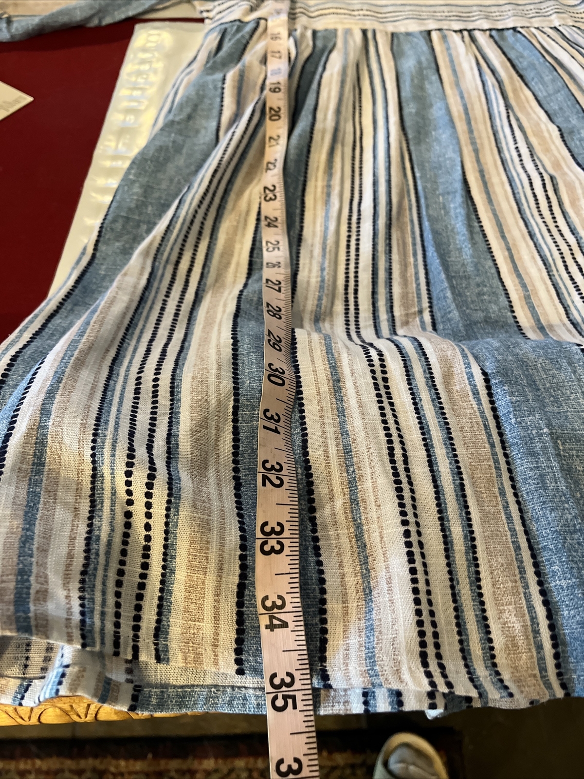 NEW Blue White Striped LINEN Sun DRESS Cotton Peasant PUFFY Sleeves Womens Small