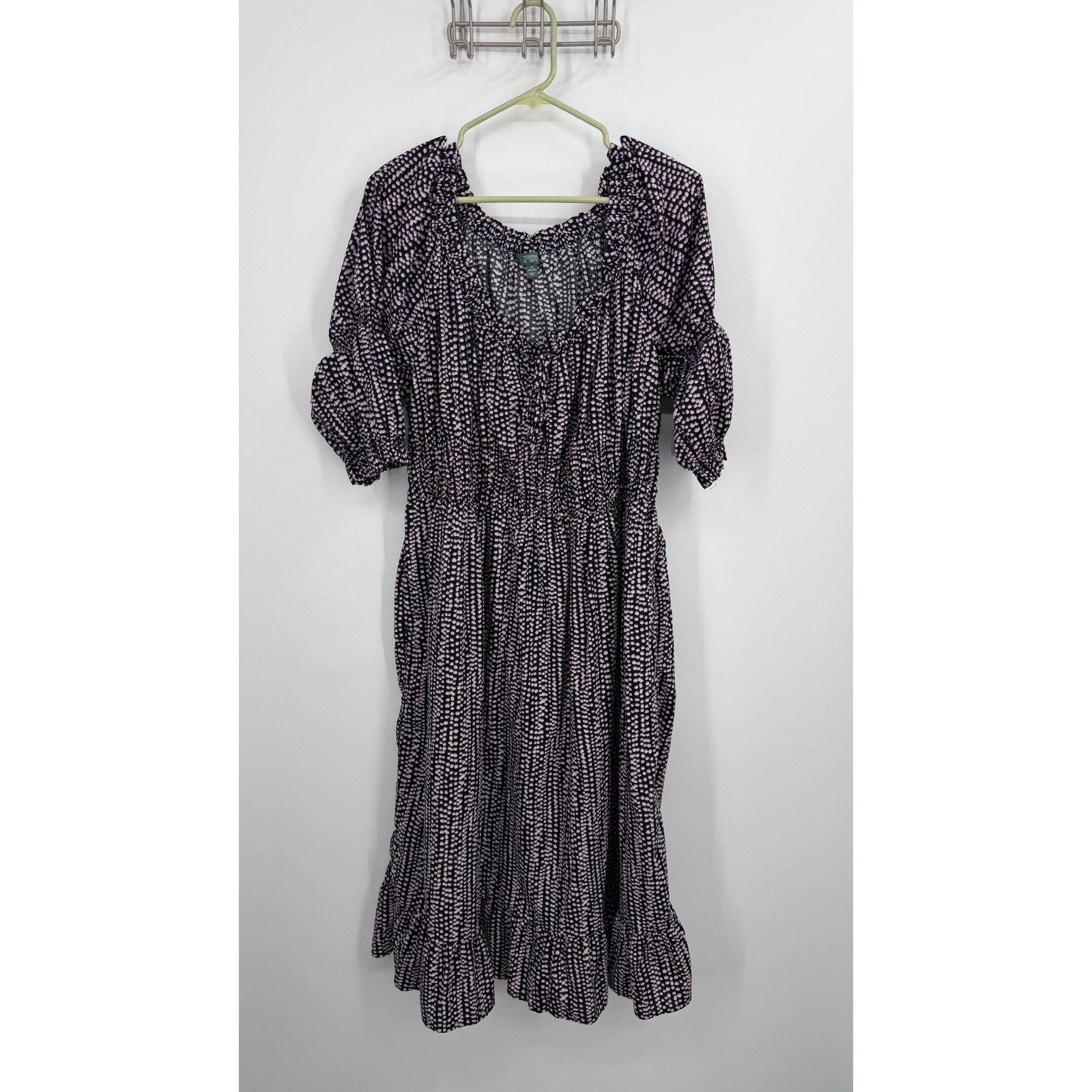 Terra & Sky Midi Dress Womens 1X Purple Black Dot Smocked Cotton Ruffle Hem