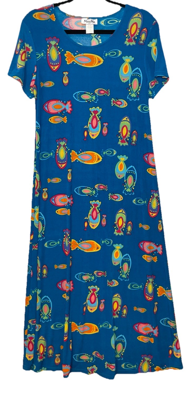 Vintage MaxiMa Blue Fish Print Maxi Dress Size S Colorful Artsy Stretch Knit
