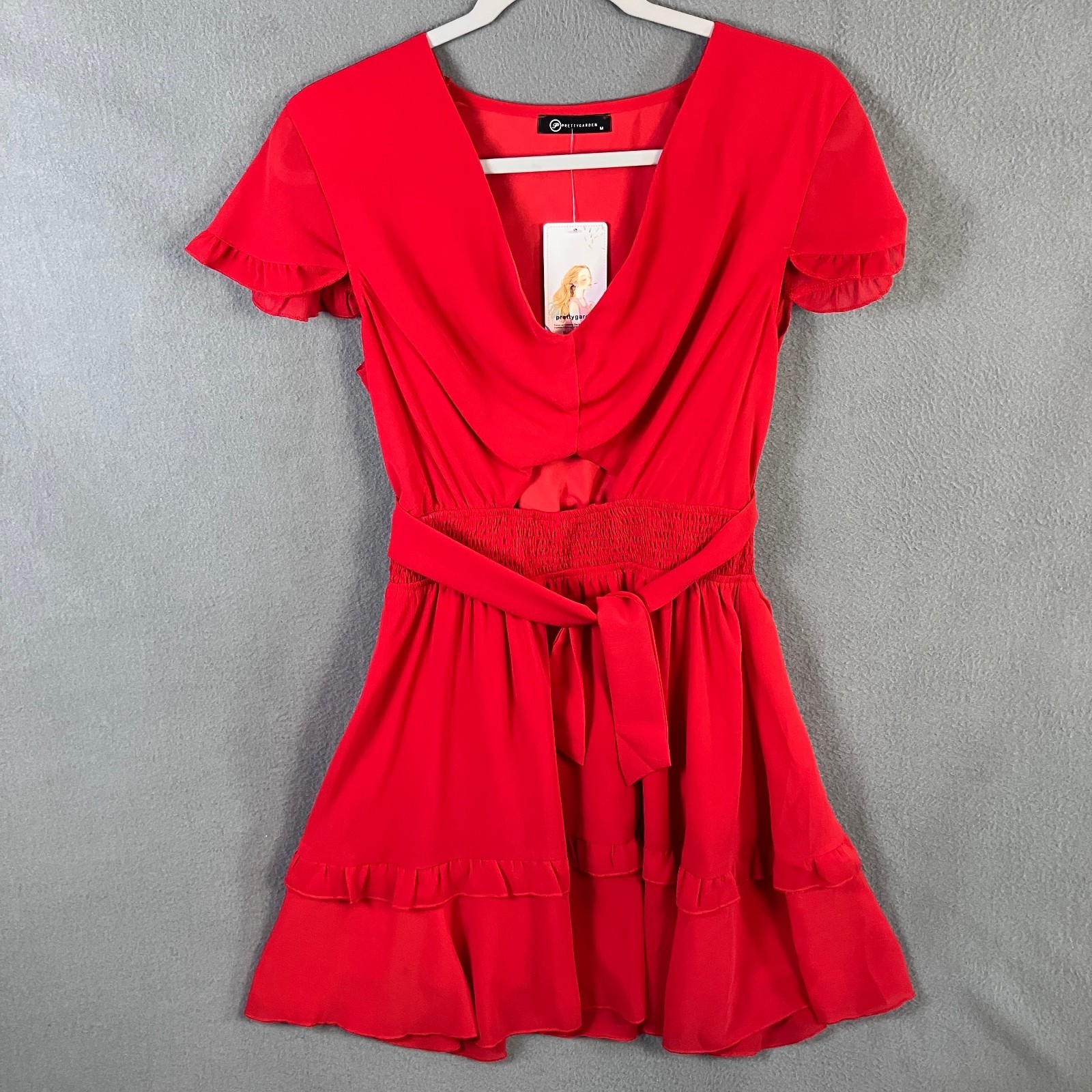 Prettygarden Women’s Midriff Cutoff Mini Dress Size M Red Smocked Waist NWT