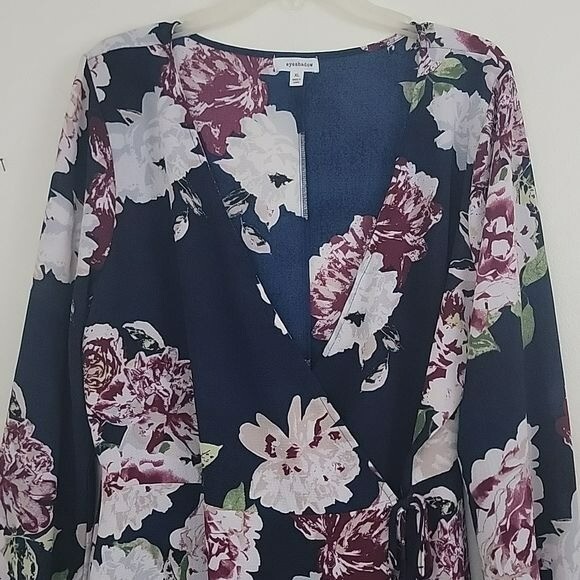 Eyeshadow Navy Burgundy & White Floral Long Sleeve Wrap Dress XL