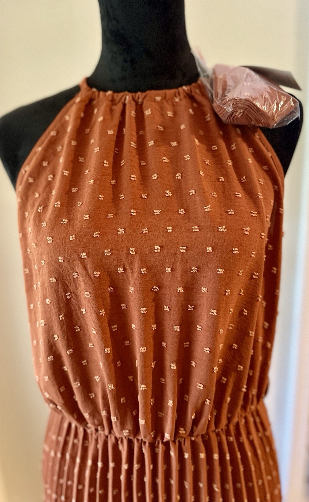 PrettyGarden NWT Chic Burnt Orange Swiss Dot Pleated Tie Waist Halter Dress Sz L