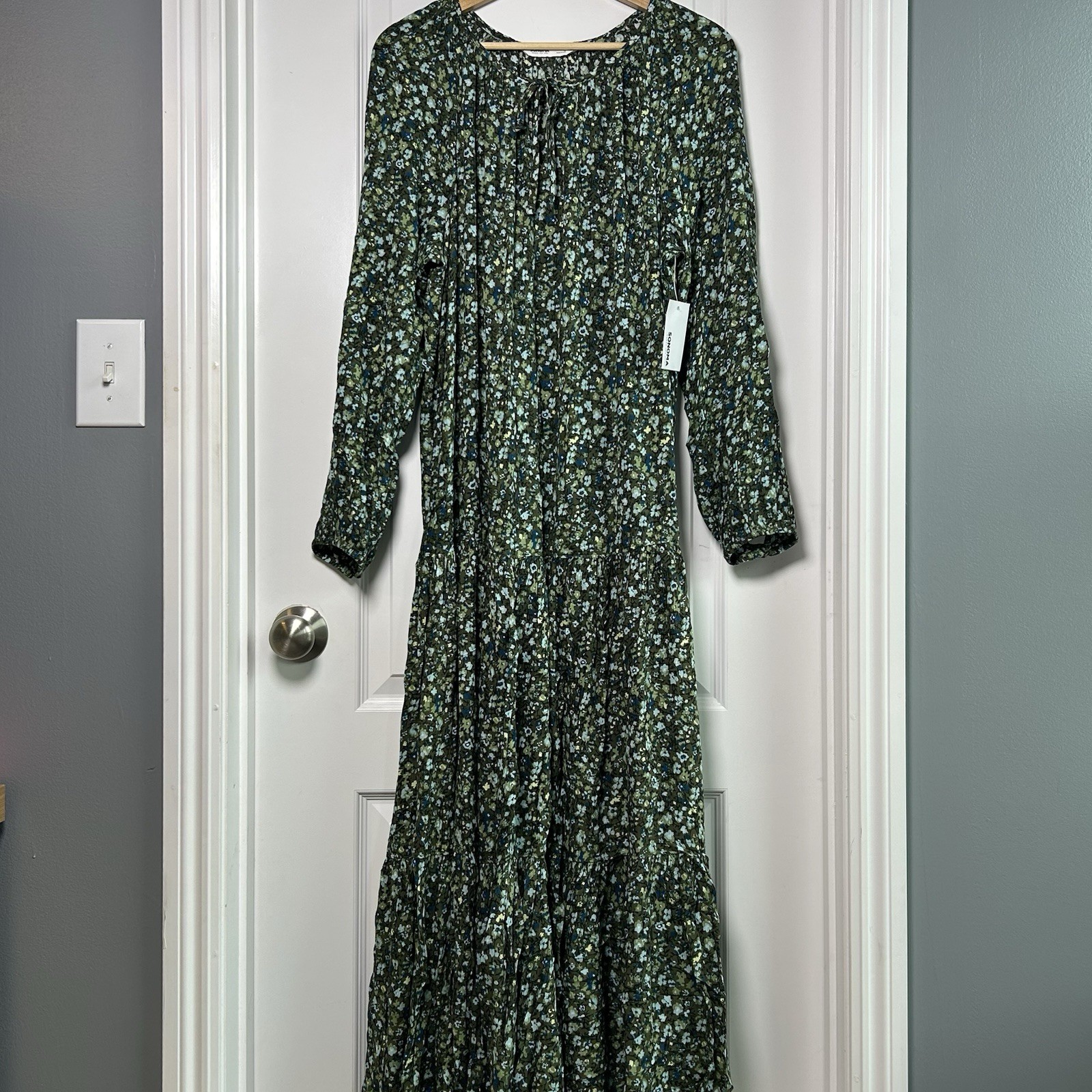 Sonoma Green Ditsy Floral Long Sleeve Tiered Maxi Dress Boho Cottagecore Style