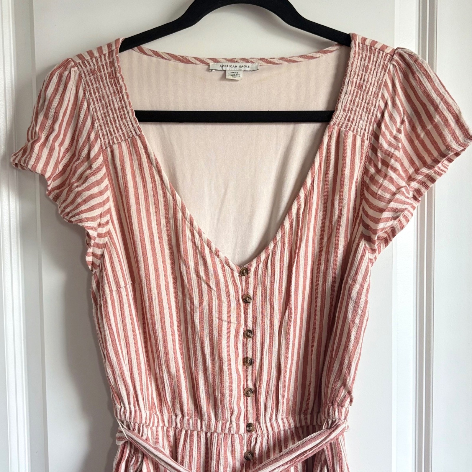 American Eagle Pink White Striped Maxi Dress Button Front Tie Waist Small