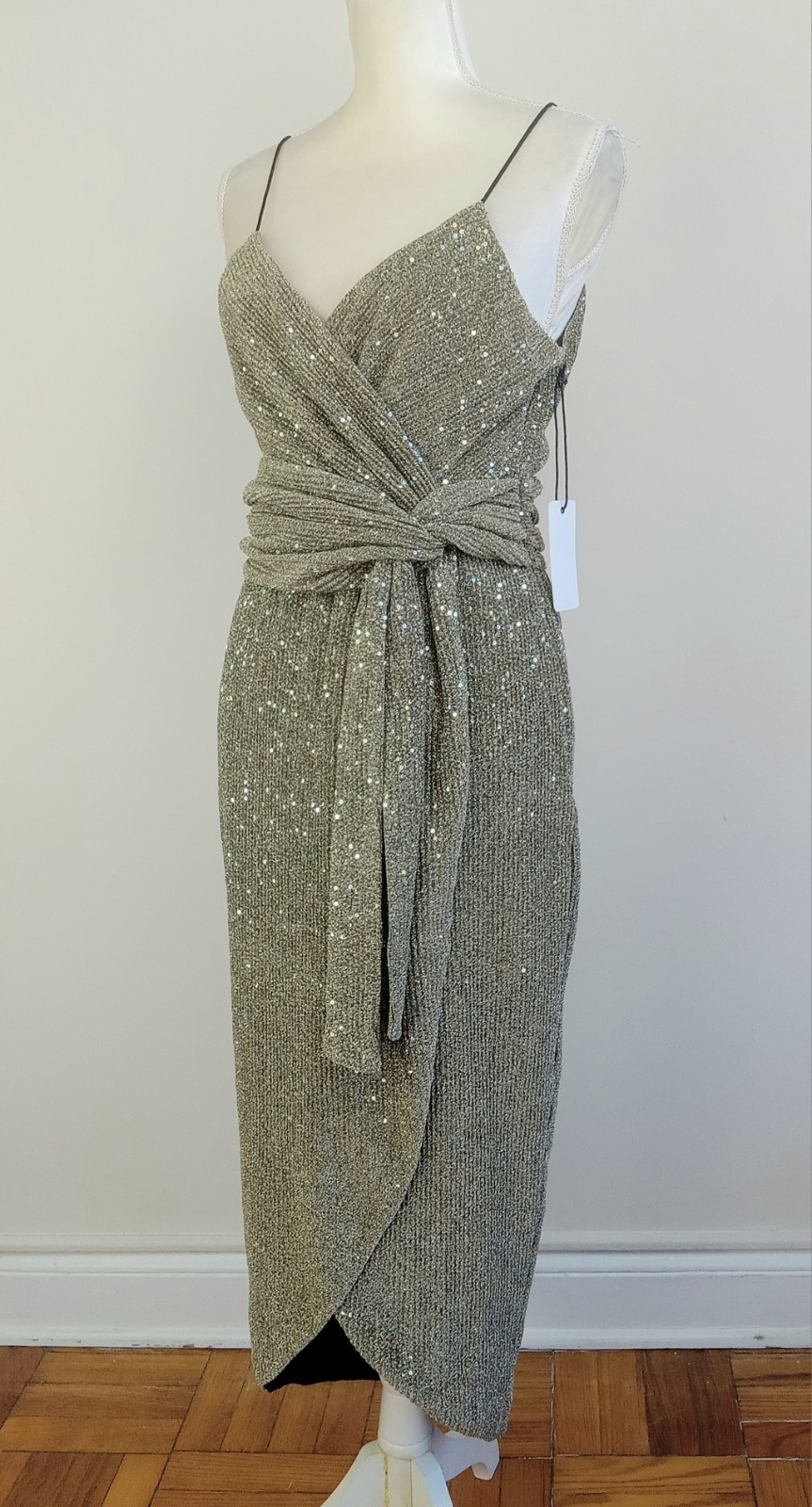 NWT Large SAYLOR Gold Ribbed & Sequins CYRIELLE Faux-Wrap TULIP Midi Event DRESS