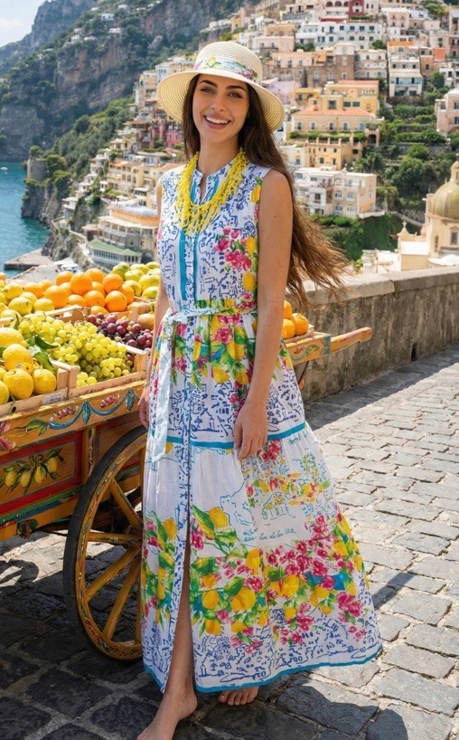 Antica Sartoria 2026 Long Belted Button Front Sleeveless Blue White Dress L/XL