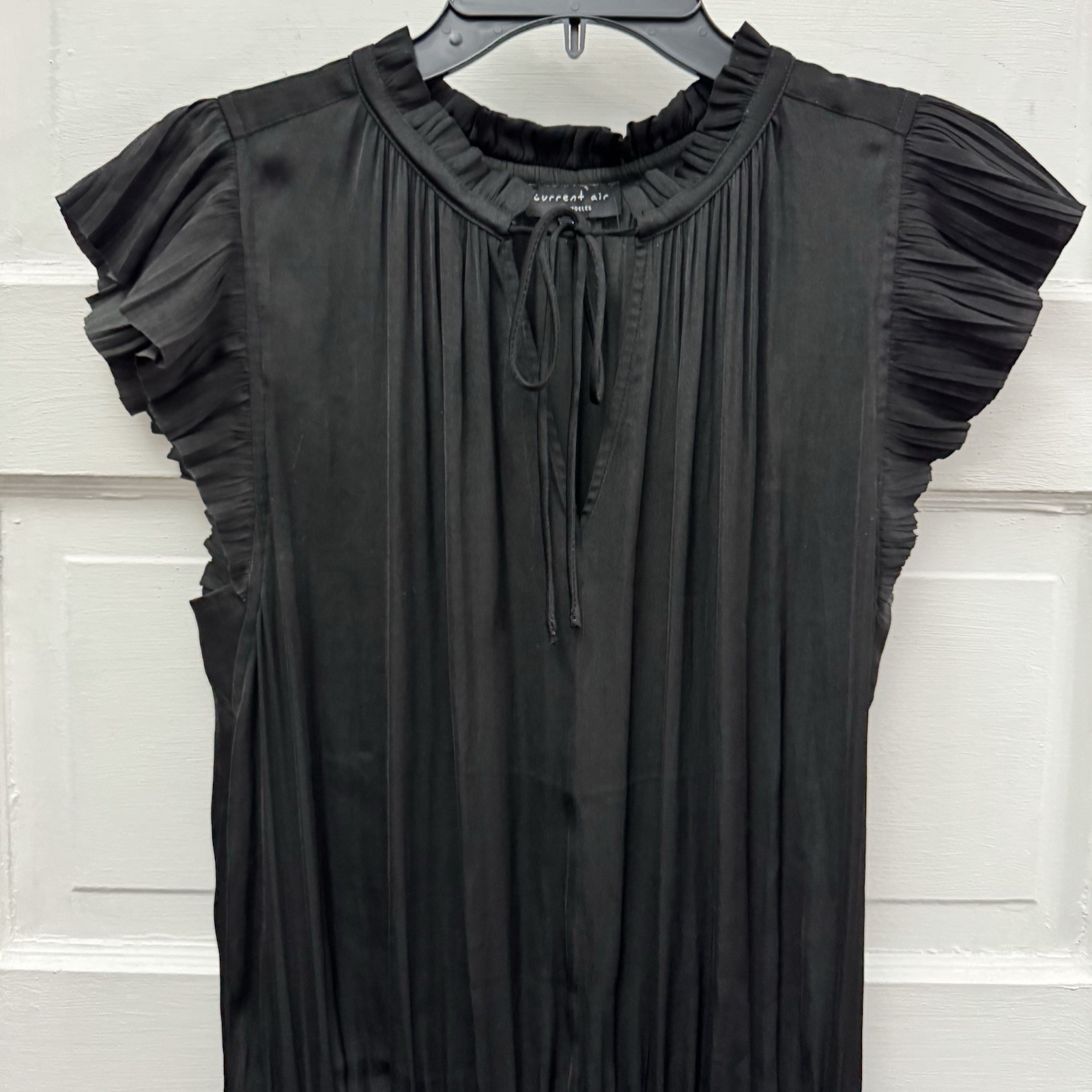 Current Air Black Pleated Ruffle Dress Size S Tie Neck Tiered Mini Boho