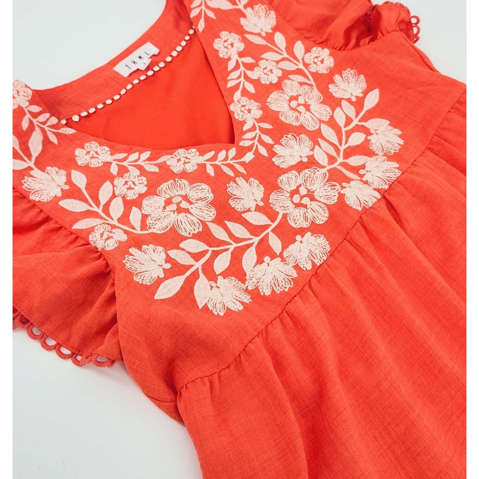 THML Coral Orange Floral Embroidered Tiered Mini Dress Flutter Sleeve Small