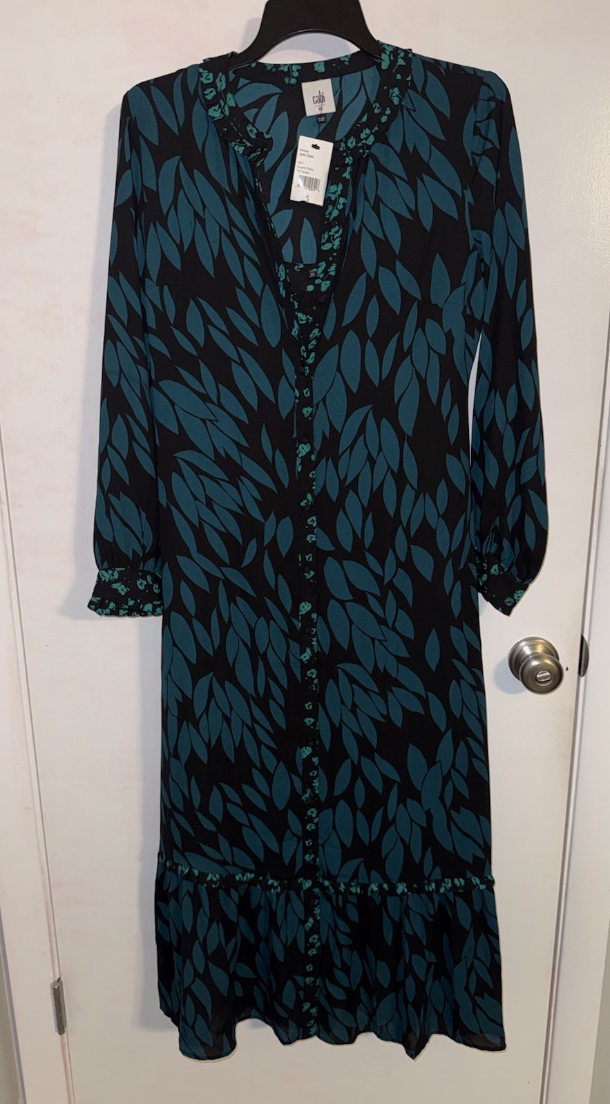CAbi Women’s XS Teal Green & Black Autumn Leaf Long Sleeve Shirt Maxi Dress NWT