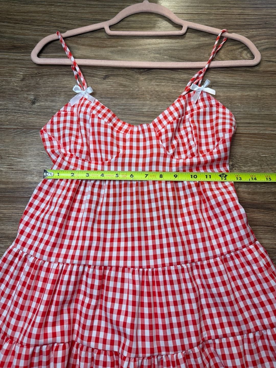 Red and White Gingham Spaghetti Strap Tiered Mini Dress with Lace Trim and Back