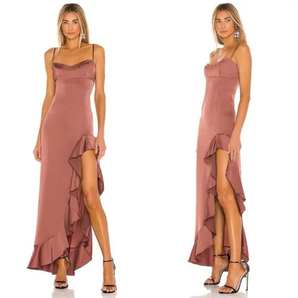 Nookie Sasha Satin Gown REVOLVE Mocha Brown Small NWT Ruffle Slit Formal Dress