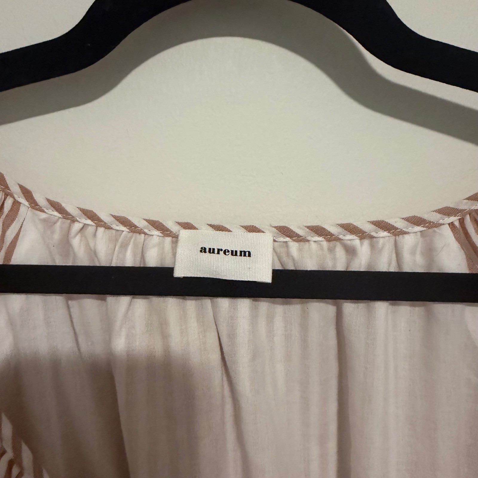 Aureum Tan White Striped Cotton Midi Dress Smocked Waist Puff Sleeve Small