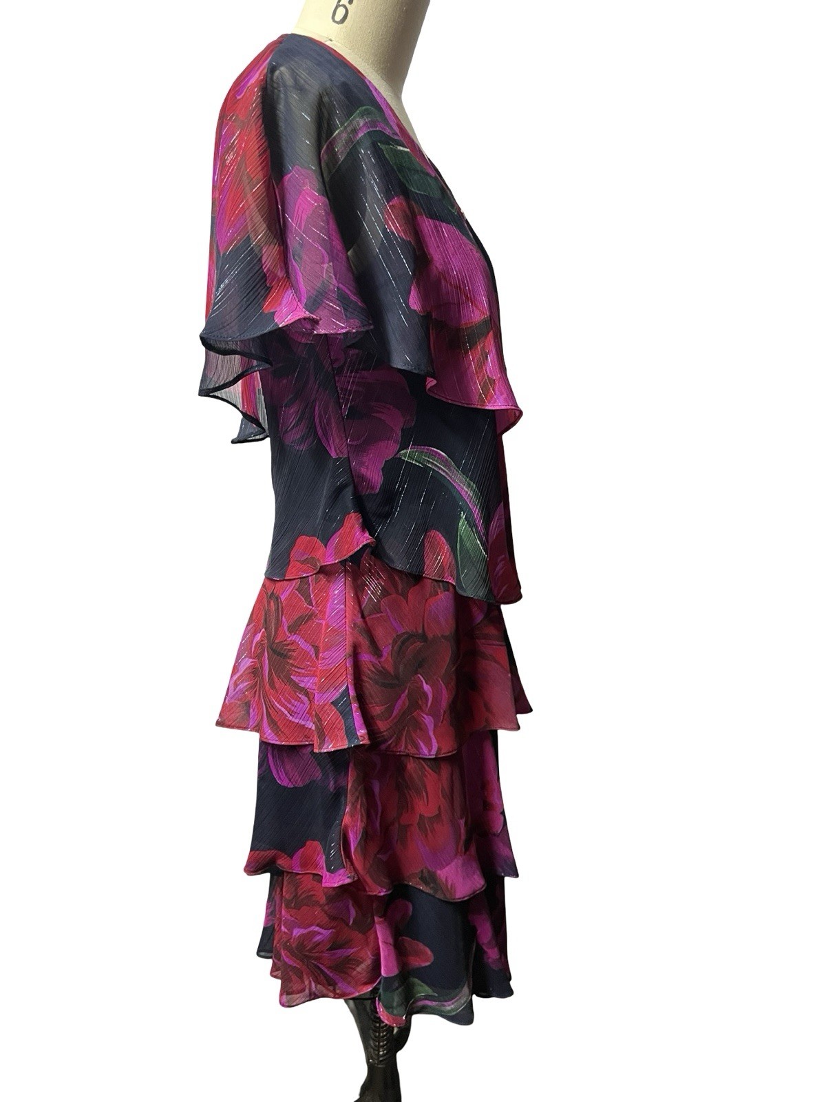 Ignite Evenings Floral Layered Ruffle Midi Dress Blue Size 4 Wedding Guest Party