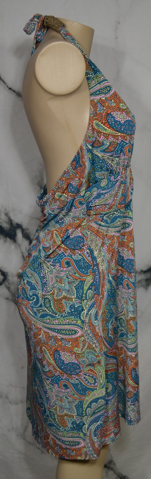 TALIA Teal Orange Lavender Paisley Halter Dress Large Padded Bust Beaded Accent