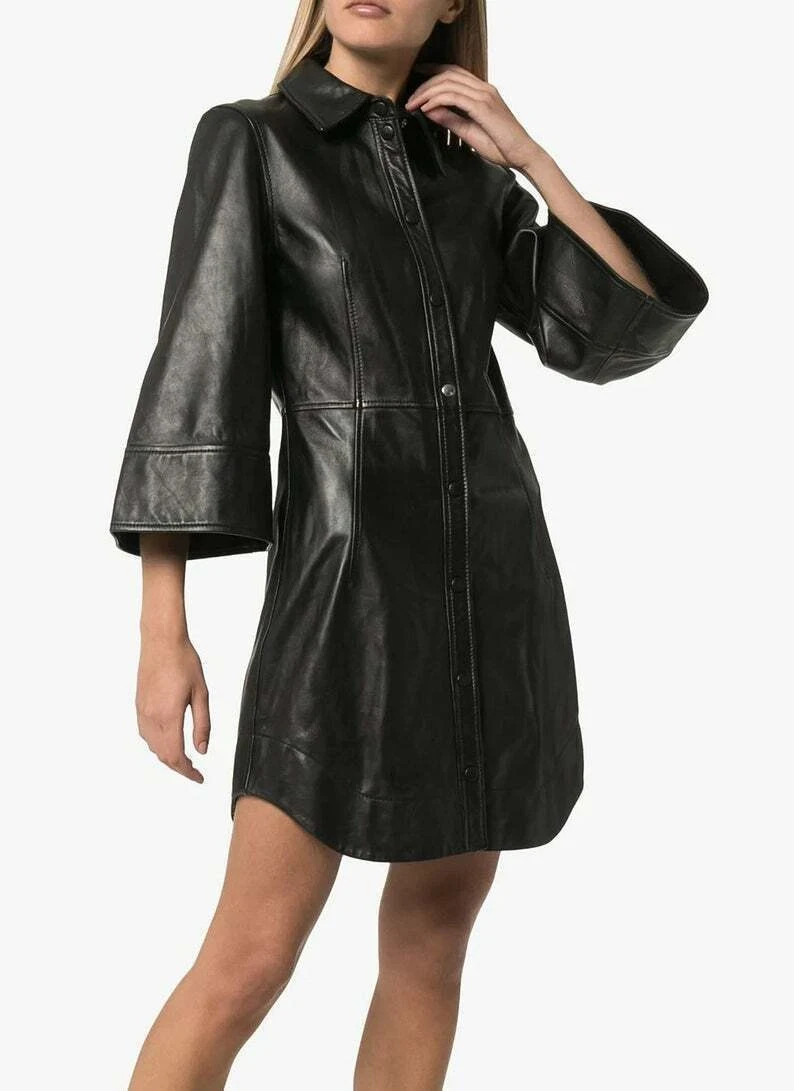 New Women’s Black Leather Shirt Dress Real Sheepskin Celebrity Ladies Dress