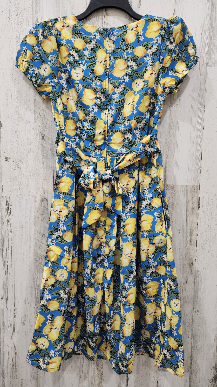 UNIQUE VINTAGE Blue Lemon Print Tie Back Swing Midi Dress Pockets Size SMALL*NEW