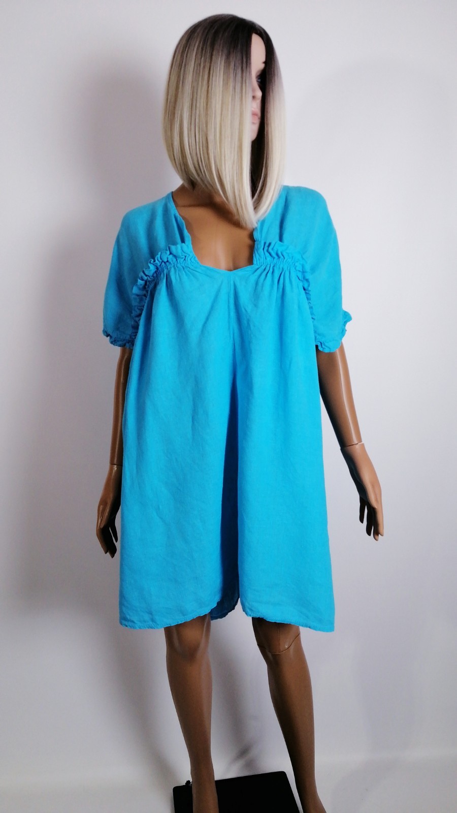 Kit and Kaboodal 100% Linen Turquoise Boho Tunic Dress One Size Oversized