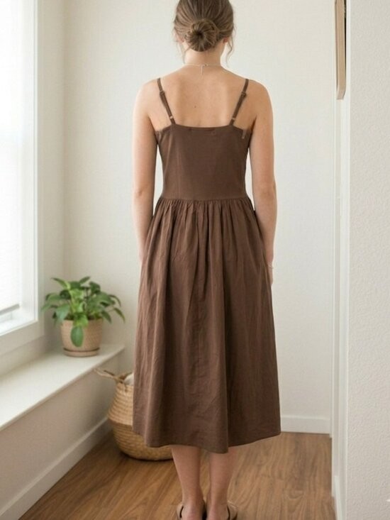 THIRTY THIRTY Brown Midi Dress Size S NWT Drop Waist Spaghetti Strap Sun Small