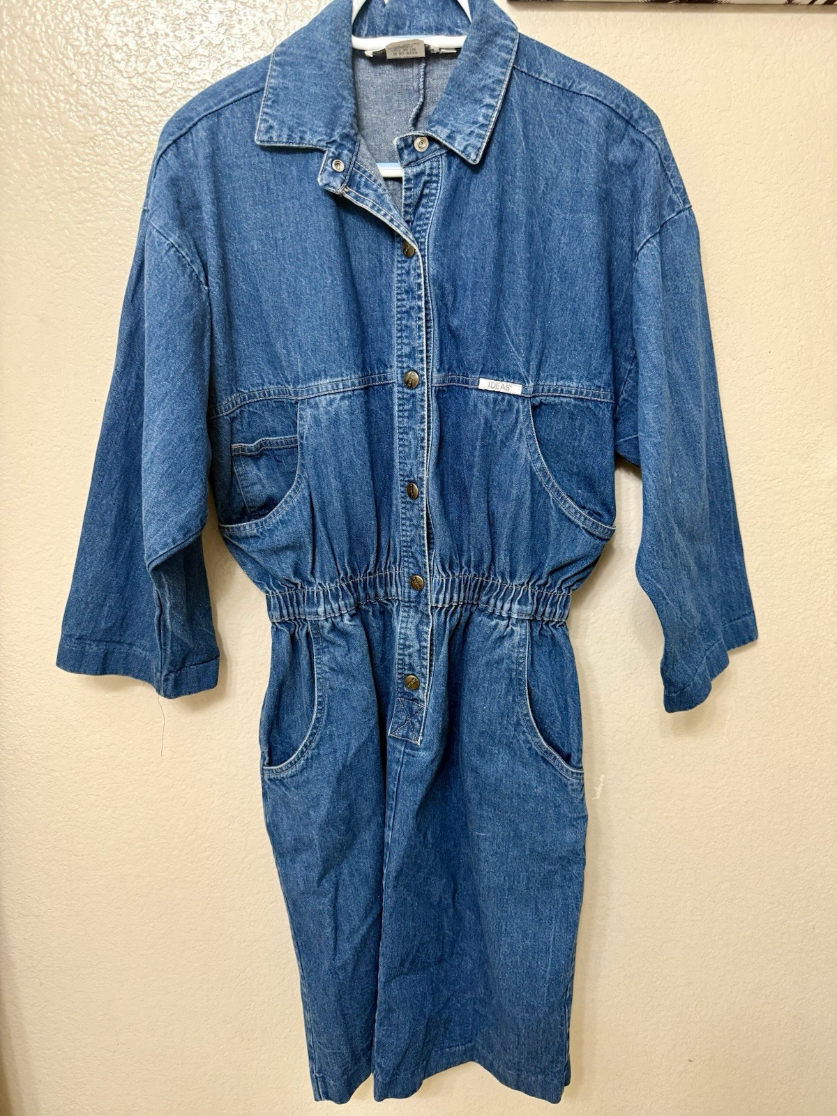 Vintage Ideas Denim Jumpsuit Dress w/ Elastic Waist & Button Closure Y2k, 90s,